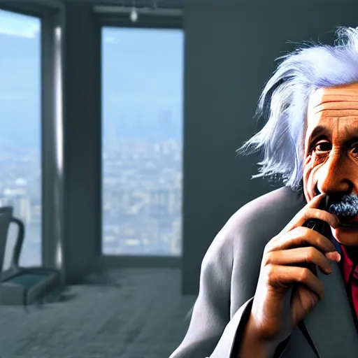 Image similar to albert einstein smoking a blunt, gta artstyle, wide shot, dramatic lighting, octane render, hyperrealistic, high quality, HD, cinematic