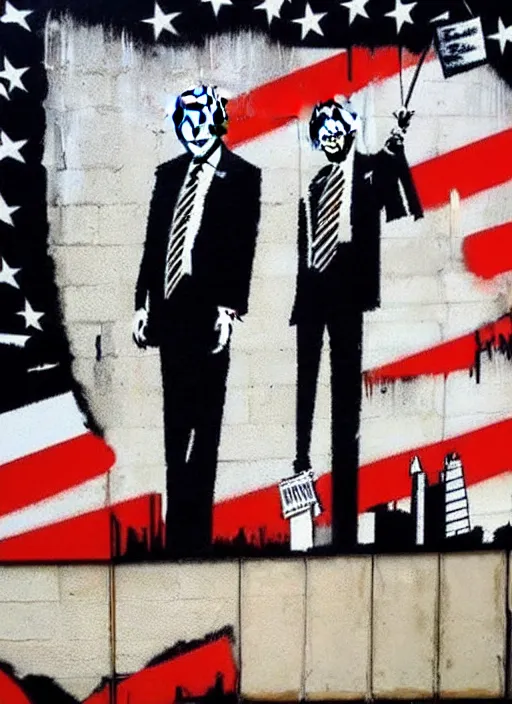 Prompt: banksy donald trump the wolf of wall street art on canvas