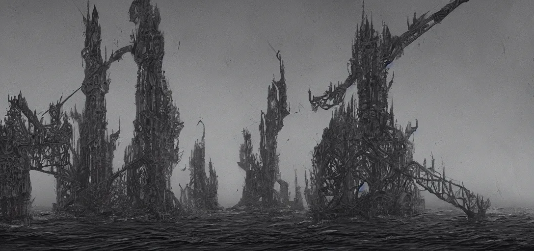 Prompt: cybergothic charcoal reefs, in the style of alex konstad, alejandro mirabal, dramatic, tragic, intricate, detailed, beautiful, 8 k resolution