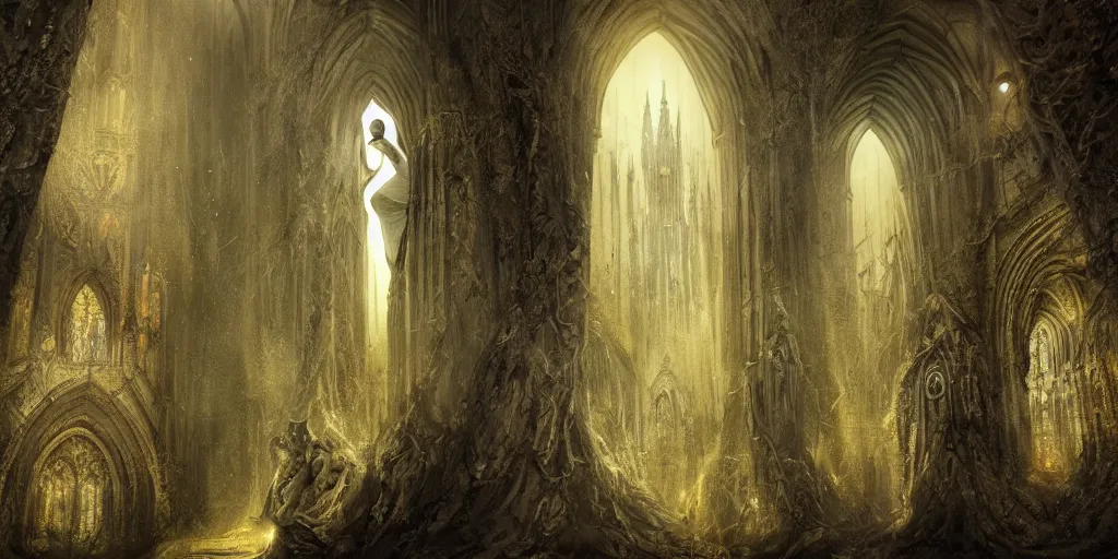 Image similar to a tall towering huge pale human wearing a garment sitting upon an ornate stone throne, 4K, digital art, lovecraftian, lovecraft art, artstation, horror, dramatic, wearing a long yellow rotting garment, dark, hyperrealistic, dramatic perspective, complex (((dark))) cathedral background, dark background, highlights,