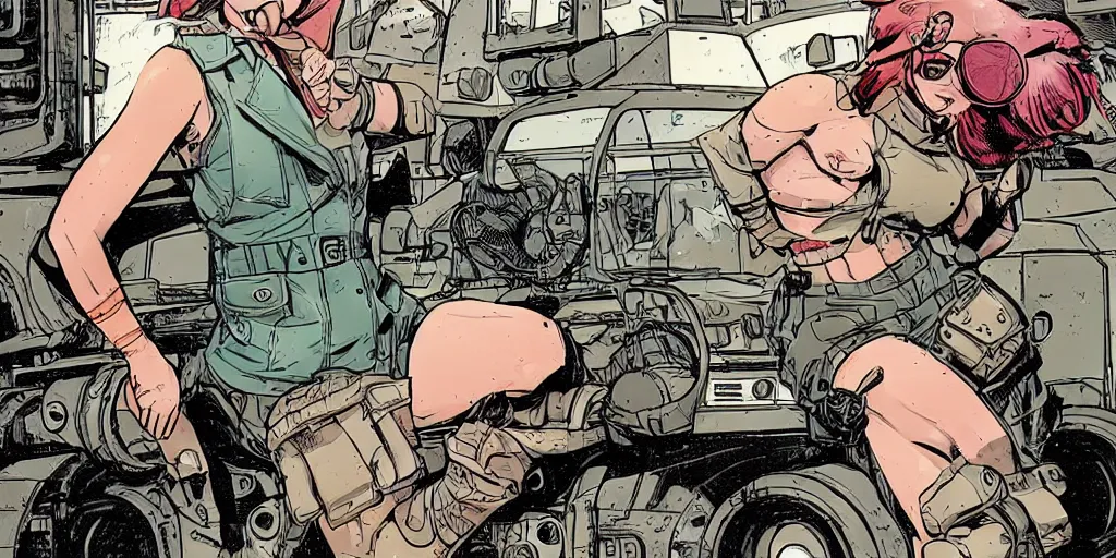 Image similar to tank girl sitting on top of the tank, holding a granite luncher. smiling. laurie greasley,