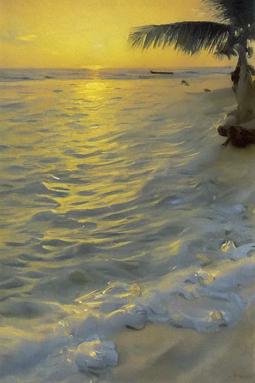 Image similar to the yellow sun in sky, spray of roses on the sea surface, a palm on beach, painting by john singer sargent