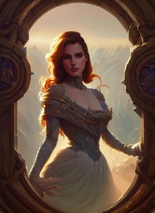 Image similar to beautiful humanoid android, lana del rey, d & d, fantasy, intricate, elegant, highly detailed, digital painting, artstation, concept art, matte, sharp focus, illustration, hearthstone, art by artgerm and greg rutkowski and alphonse mucha