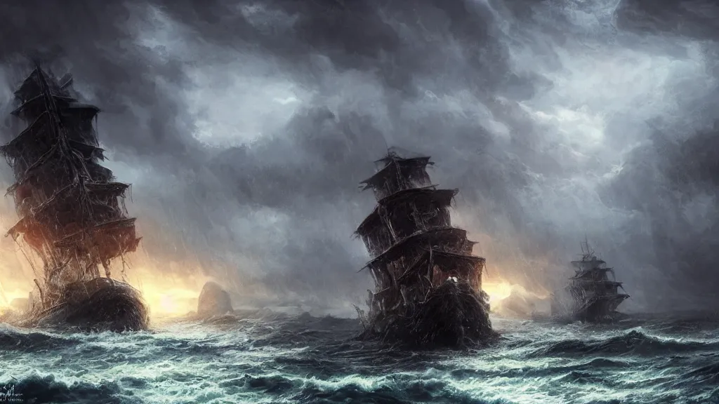 Prompt: The Kraken, Very Cold Waters, Longships getting damaged, Stormy Weather, Icebergs, Game of Thrones, Night Stormy Atmosphere, Vivid, volumetric lighting, fantasy artwork, very realistic painting effect, hd, hdr, cinematic 4k wallpaper, 8k, ultra detailed, high resolution, artstation, in the style of Marc Simonetti