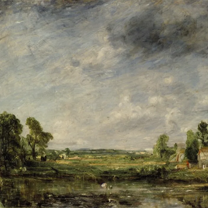 Image similar to a building in a serene landscape, by john constable