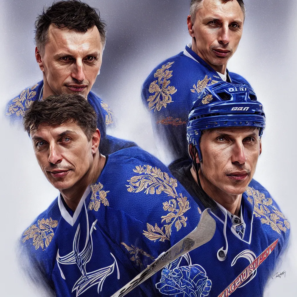 Image similar to portrait of hockey coach Igor Larionov, fantasy, intricate, elegant, highly detailed, digital painting, artstation, concept art, blue backlight, smooth, sharp focus, luxury fashion illustration, art by artgerm and greg rutkowski and alphonse mucha, brightly lit cinematic soft lighting, photorealistic