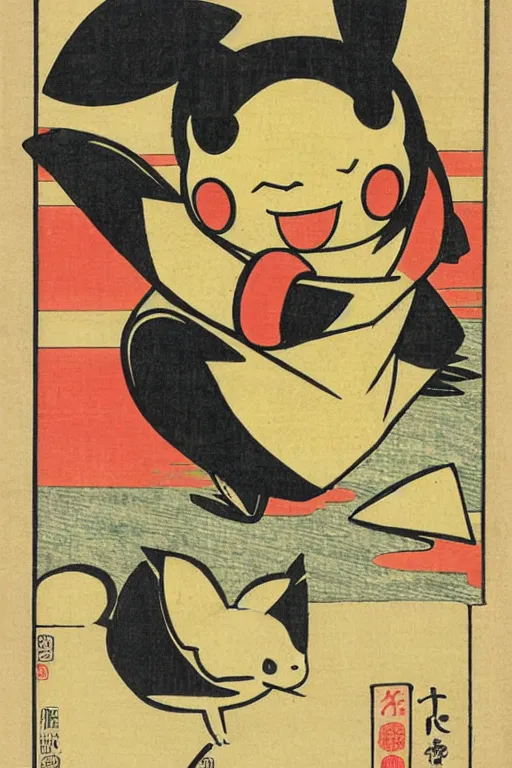 Image similar to Pikachu Pokemon, Japanese ukiyo-e ukiyo-ye woodblock print, by Moronobu