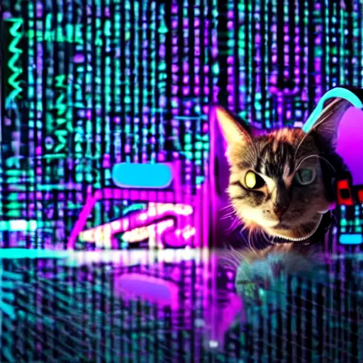 Prompt: a cat wearing a vr headset, cyberpunk, rgb,