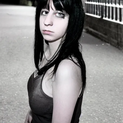 Prompt: A 2006 photograph of a pale emo girl with black hair on a British council estate at night, with orange street lights