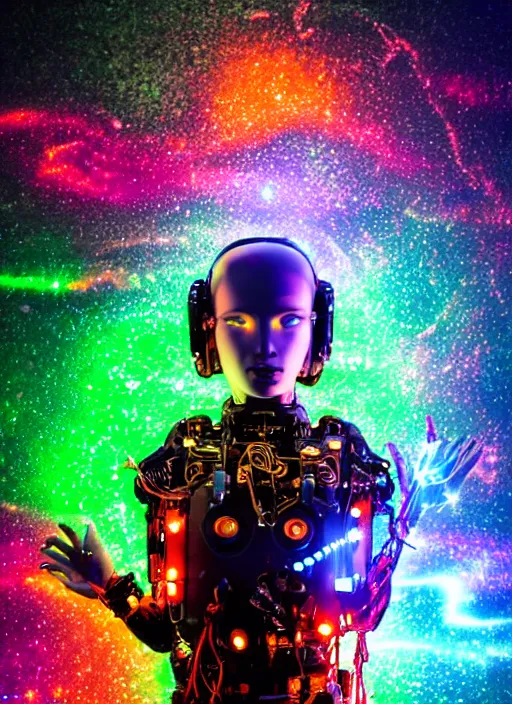 Prompt: intricate cyborg pilot girl with electromechanical robot parts, growing from electronic wall, connected made of and covered with many colorful wires, featuring beautiful detailed machined crystal eyes glowing with nebula, background glowing game server powered by galaxies. backlit luminous shiny metallic