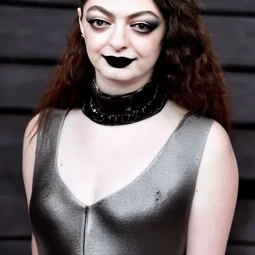 Prompt: lorde wearing goth makeup and a silver bodysuit with black platform boots