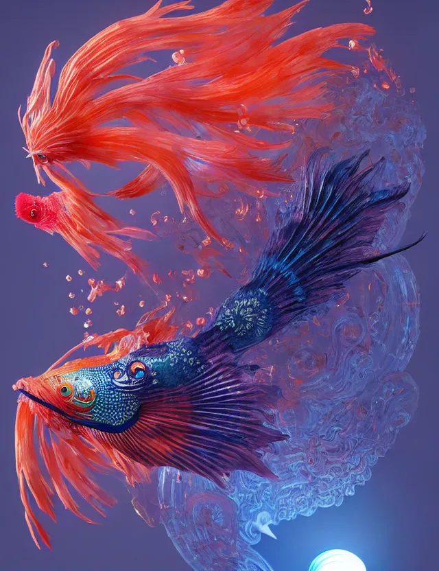 Image similar to 3 d eye of god. beautiful intricately detailed japanese crow kitsune mask and clasical japanese kimono. betta fish, jellyfish phoenix, bio luminescent, plasma, ice, water, wind, creature, artwork by tooth wu and wlop and beeple and greg rutkowski