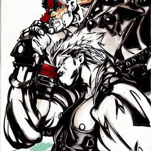 Prompt: Joseph Joestar from JoJo's bizarre adventure fighting Sol Badguy from Guilty Gear, drawn by Yoji Shinkawa,