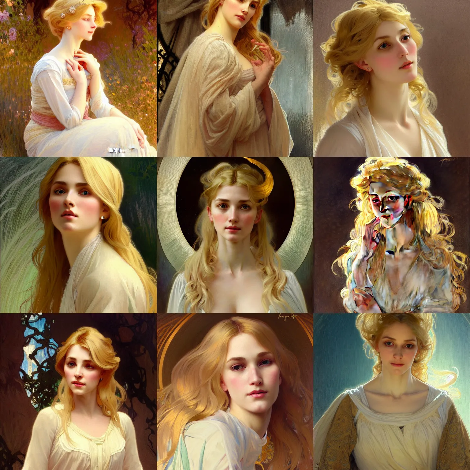 Prompt: painted portrait of a modest wife blessed by god with ever - increasing intelligence beauty and virtue. blonde, clothed holy body, light effect. feminine, powerful, in clothes! highly detailed, intricate, elegant, concept art, digital painting, artstation, smooth, sharp focus, illustration, art by gaston bussiere and alphonse mucha