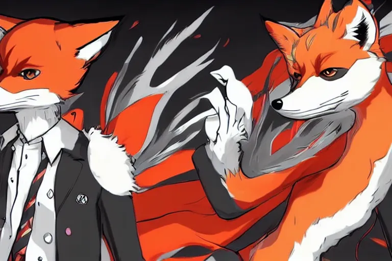 Image similar to a furry tan male fox on a persona 5 : royal ( by atlus ) video game splash screen, a furry male sandcolored tan fox fursona ( has hair ), persona 5 phantom thief style