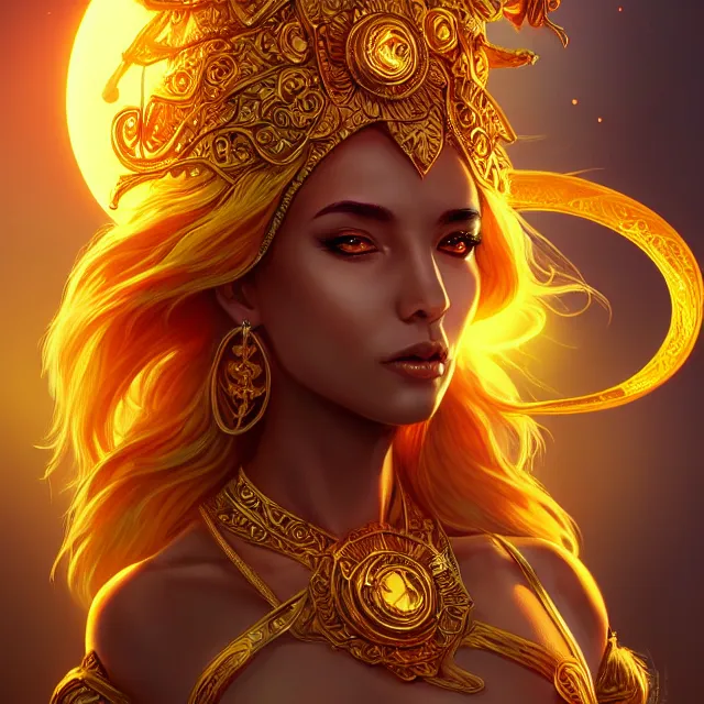 Image similar to beautiful elemental sun witch with ornate yellow robes and staff, highly detailed, 4 k, hdr, smooth, sharp focus, high resolution, award - winning photo, artgerm, photorealistic