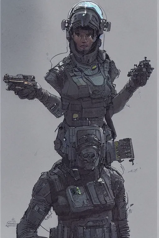 Prompt: adaego the ghost. blackops mercenary in near future tactical gear and cyberpunk headset. Blade Runner 2049. concept art by James Gurney and Mœbius.