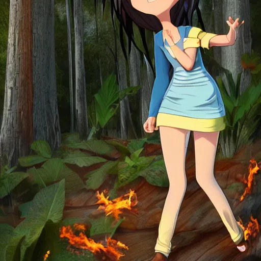 Image similar to 8k render, cinematic, semi-realistic, Instagram art, Pixar style Latina anime girl 3d, cute face black hair, curtain bangs, Latina, brunette, white t-shirt with red sleeves, wearing jeans, has fire powers, her hair is on fire, her hands are on fire powerful, she is in a forest, tropical forest, lots of foliage, character, trending on Deviantart