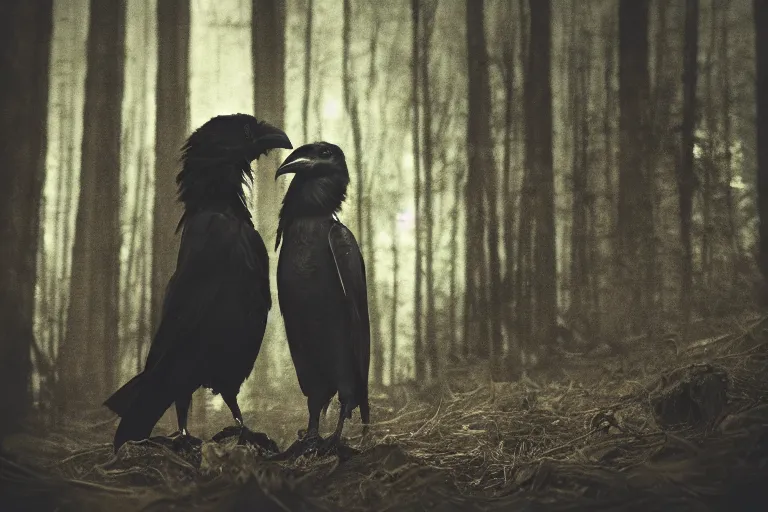 Prompt: werecreature consisting of a crow and a human, photograph captured in a dark forest