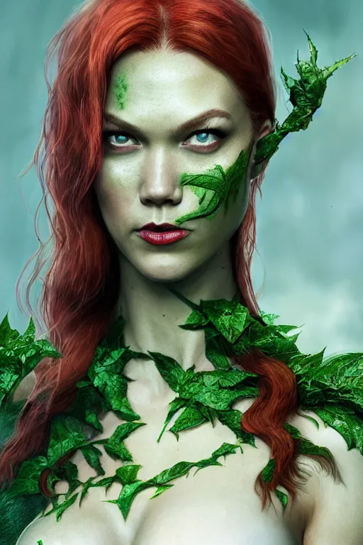 Prompt: Portrait of Karlie Kloss as Poison Ivy making a kissing face, in Batman movie still cinematic, artstation, Greg rutkowski, UHD 8K