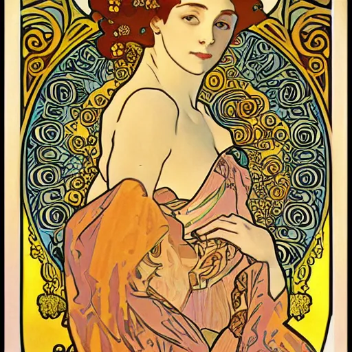 Image similar to a combination of the art styles of Alphonse Mucha and Gustav Klimt