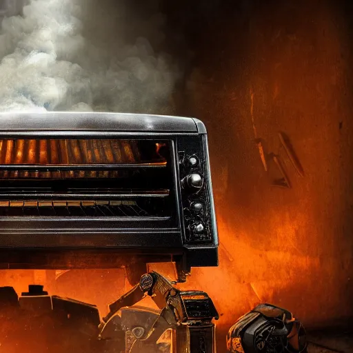 Image similar to head of toaster oven mecha, dark messy smoke - filled cluttered workshop, dark, dramatic lighting, orange tint, cinematic, highly detailed, sci - fi, futuristic, movie still