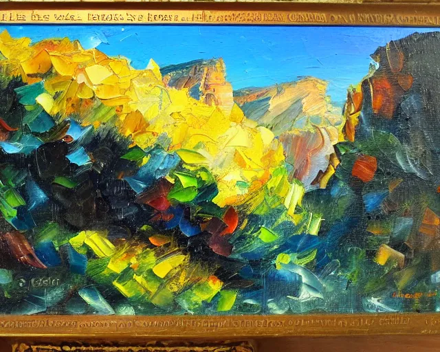 Image similar to palette knife oil painting of a lush canyon landscape