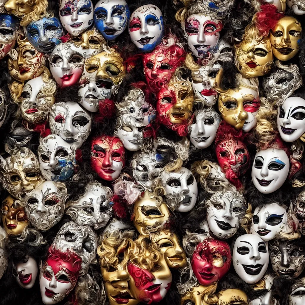 Prompt: An amalgamation of many faces is wearing Venetian masks, as a bizzare photo of the year portrait winning photography