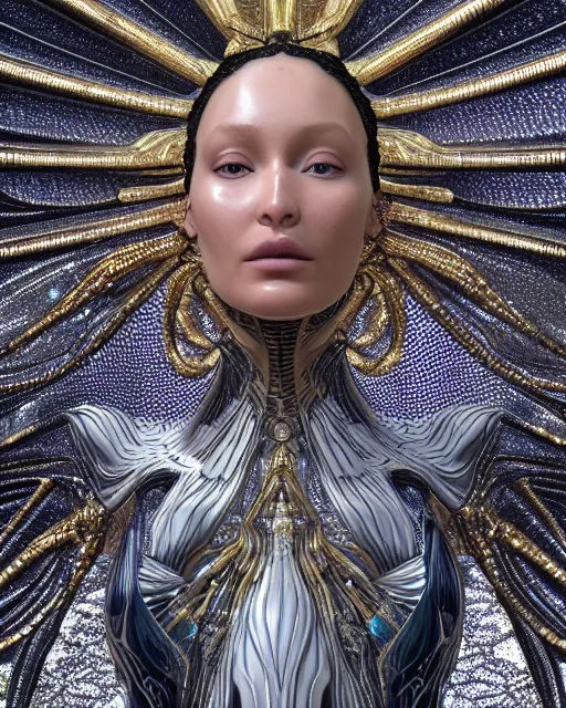 Image similar to a highly detailed metahuman 4 k close up render of an alien goddess bella hadid monument tool music videos in iris van herpen dress schiaparelli in diamonds crystals swarovski and jewelry iridescent in style of alphonse mucha gustav klimt trending on artstation made in unreal engine 4