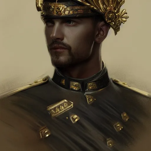 Image similar to portrait john oliveras stoic king, royalty, extravagant, full body, military uniform, fantasy, intricate, elegant, beautiful, highly detailed, charcoal, centered, dark, smokey, digital painting, artstation, concept art, art by artgerm and greg rutkowski and alphonse mucha