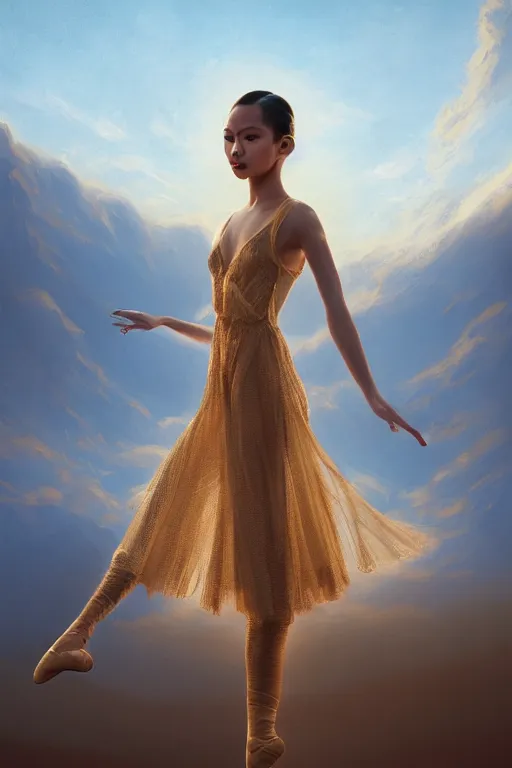 Prompt: stunningly beautiful, filipina prima ballerina in desert, symmetrical face, golden hour, smooth, focus, highly detailed, hyper realistic, dramatic lighting, elegant, intricate, concept art, low angle, art by wlop, mars ravelo, greg rutowski, artstation