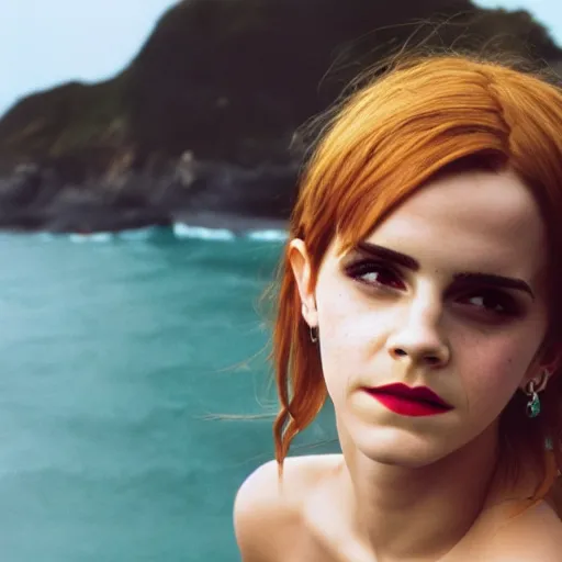 Prompt: headshot of Emma Watson cosplaying as Nami from One Piece standing on a beach, cosplay, close up, photo by Sarah Moon