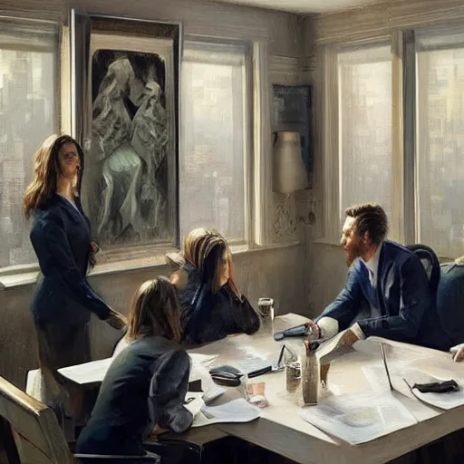 Image similar to epic masterpiece of cinematographic hyperrealism where a business meeting appears. realistic shaded lighting poster by craig mallismo, artgerm, jeremy lipkin and michael garmash, unreal engine, radiant light, complex detailed environment, digital art, art station trends