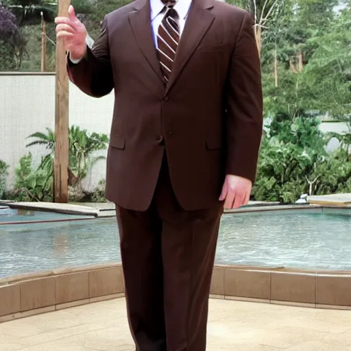 Image similar to Andy Richter is wearing a chocolate brown suit and necktie. Andy is standing under the running water of a shower head. Water is dripping from the suit and necktie.