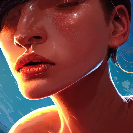 Image similar to wide open female mouth, close - up, defiant, light effect, 8 k, hyper detailed, intricate, elegant, highly detailed, digital painting, artstation, concept art, matte, sharp focus, illustration, by dan mumford, yusuke murata, makoto shinkai, ross tran