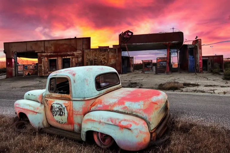 Image similar to a sunset light landscape with historical route 6 6, lots of sparkling details and sun ray ’ s, blinding backlight, smoke, volumetric lighting, colorful, octane, 3 5 mm, abandoned gas station, old rusty pickup - truck, beautiful epic colored reflections, very colorful heavenly, softlight