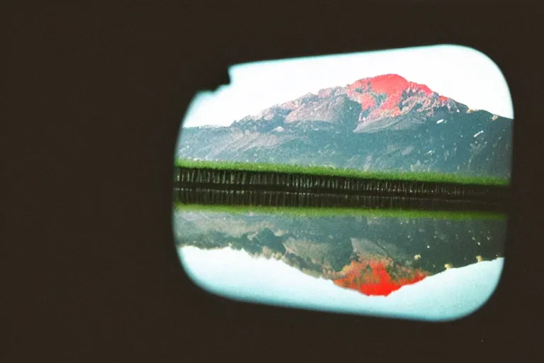 Image similar to film color photography, close-up mirror that reflected red at the green lawn, no focus, mountains in distance, 35mm