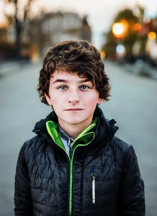 Prompt: a personal close up portrait of a 9 year old man from switzerland, his hair is brown and short, his eyes are green, his face is symmetric and friendly, he's proud to be where he is in life, black jacket, ambient light, beautiful composition, magazine photography, full frame, 5 0 mm, f 1. 8