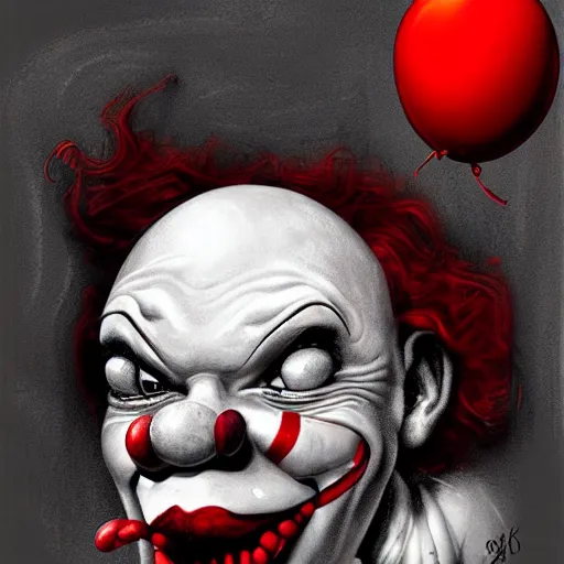 Prompt: surrealism grunge cartoon portrait sketch of clown with a wide smile and a red balloon by - michael karcz, loony toons style, pennywise style, horror theme, detailed, elegant, intricate
