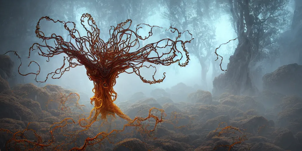 Image similar to Photorealistic symmetrical intricate detailed picture of a levitating floating spirit with arms outstretched, made from colourful fungus tendrils. a gentle rising mist, an epic rocky landscape. occult photorealism, UHD, amazing depth, glowing, golden ratio, 3D octane cycle unreal engine 5, volumetric lighting, cinematic lighting, cgstation artstation concept art