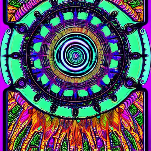 Image similar to 8k psychedelic abstract illustration of a dreamcatcher woven with a sacred geometry mandala