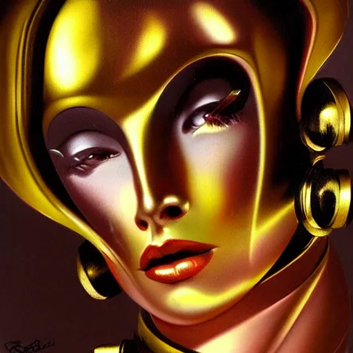 Image similar to robot with golden skin, ornate, regal, digital illustration, concept art, by Rolf Armstrong