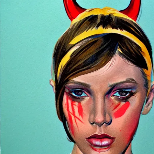 Image similar to detailed details photorealistic beautiful girl wearing devil horn headband in the style of bob peak and alex ross, gouache and wash paints color, detailed details facial and body and human and environments and proportionate, detailed 5 k details.
