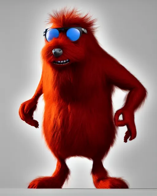 Prompt: 3 d render of completely red hairy friendly antropomorphic creature wearing chrome shades, without nose, small smile, full body, standing on 2 feet, in the style of pixar, white background, unreal engine 5, octane render, highly detailed hdr