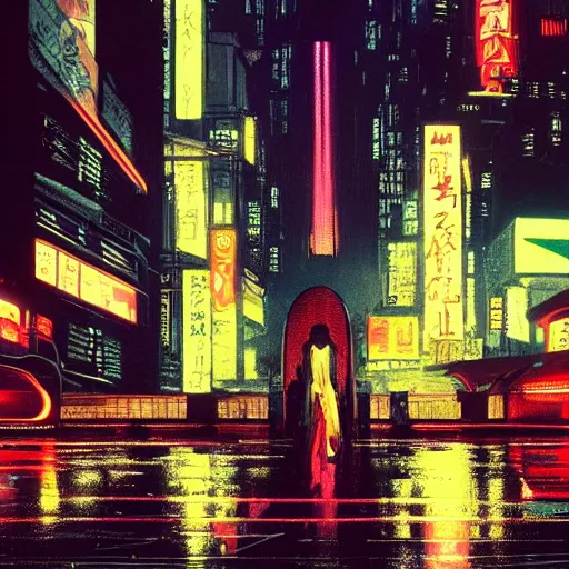 Image similar to high detailed lost soul in cyberpunk rainy city at night with a torii in the background by Syd Mead, high quality, 4K, UHD, trending on ArtStation, blade runner vibes, ghost in the shell, akira