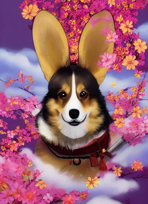 Image similar to beautiful fantasy painting of a Corgi Samurai in sakura field, by Afarin Sajedi, Alessandro Barbucci, Alex Gross, WLOP, Shohei Otomo, Josan Gonzalez, Kieron Gillen. trending on Artstation, 8k, masterpiece, face enhance, graffiti paint, fine detail, full of color, intricate detail, golden ratio illustration