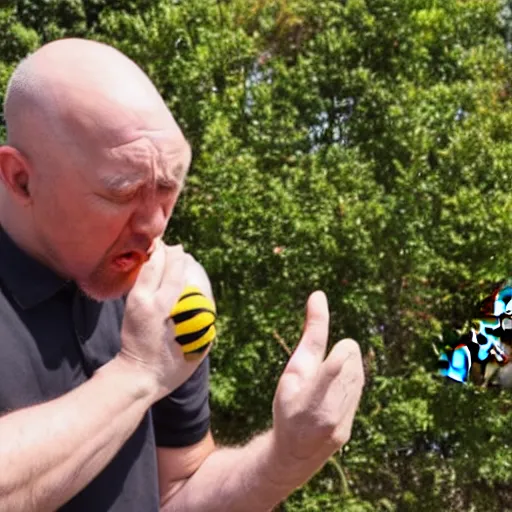 Image similar to a photo of a man arguing with a bee, the man is losing