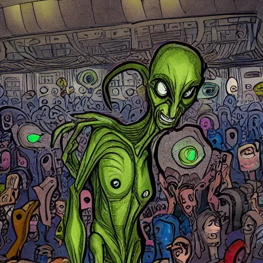 Image similar to shapeshifting alien in a crowded room, highly detailed, real photo,