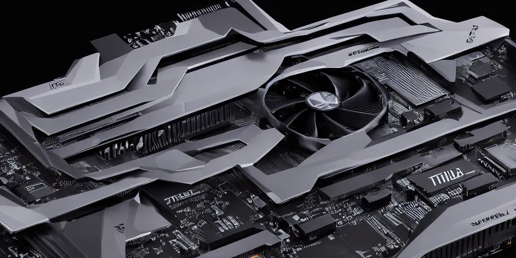 Prompt: product photo of triple wide extra long gtx rtx 4 0 9 0 nvidia gpu graphics card dramatic black background neon lighting gamer hardware