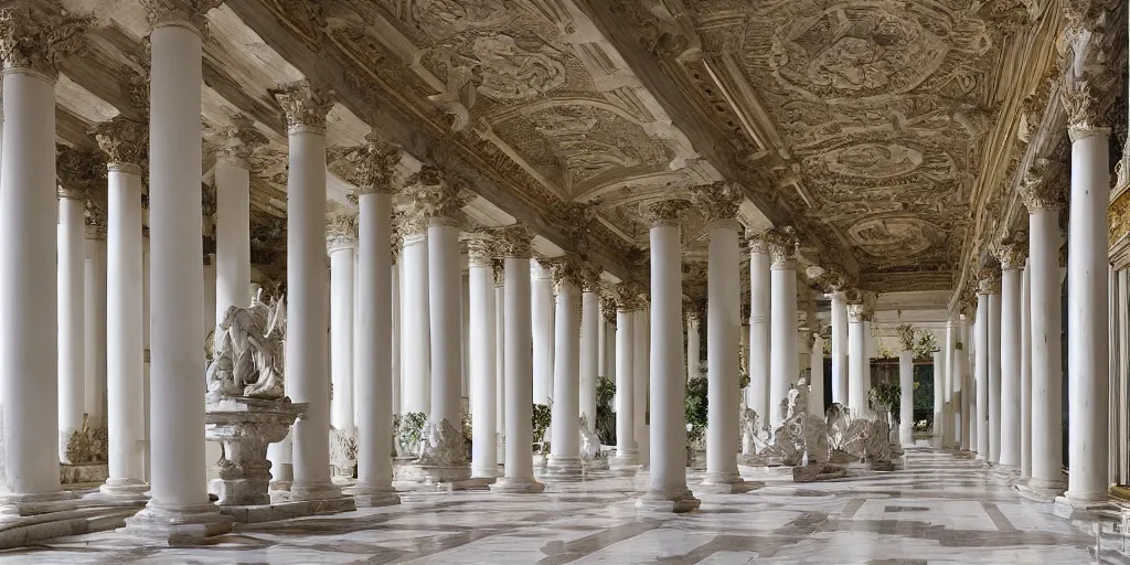 Prompt: grand roman palace, palatial, lush potted vegetation, painted statues, white columns